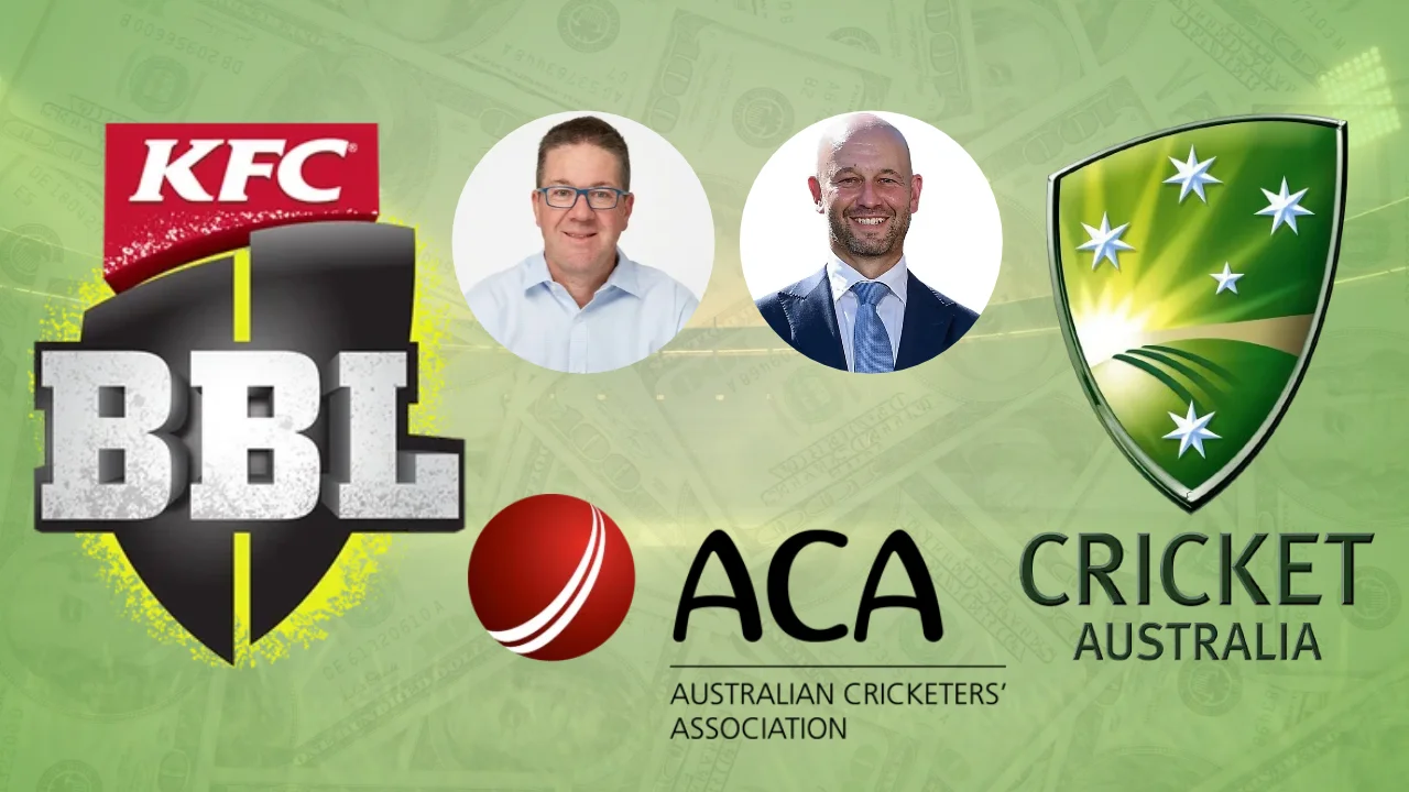 Paul Marsh and Todd Greenberg pictured alongside Big Bash League (BBL), Cricket Australia and Australian Cricketers' Association (ACA) logos against a money-themed background.