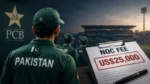 Illustration of Pakistan cricket players alongside the PCB logo and a document highlighting the reported US$25,000 No Objection Certificate (NOC) fee.