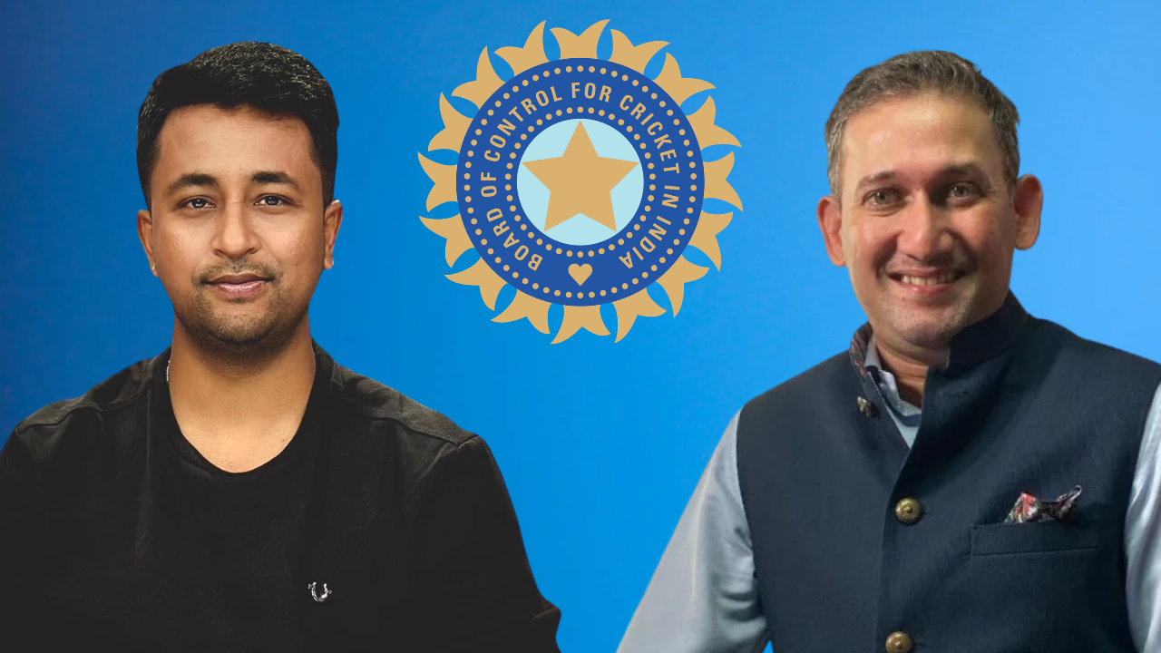Pragyan Ojha and Ajit Agarkar with BCCI logo