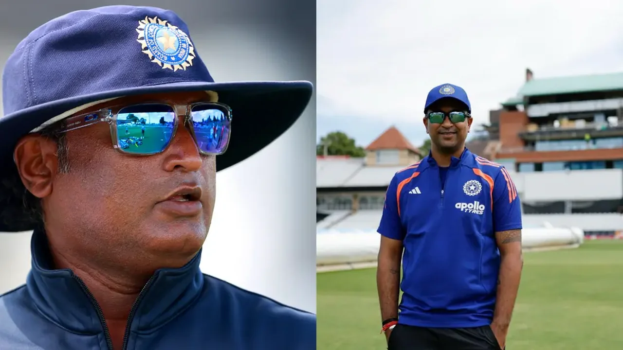 Former Indian cricketers Pragyan Ojha and Ramesh Powar pictured side by side wearing India cricket team caps and training apparel.