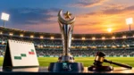 Pakistan Super League (PSL) trophy displayed at a cricket stadium alongside a schedule calendar and auction gavel at sunset.