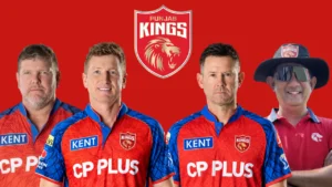 Punjab Kings coaching staff James Hopes, Brad Haddin, Ricky Ponting and Sairaj Bahutule pictured alongside the Punjab Kings logo in an IPL team graphic.