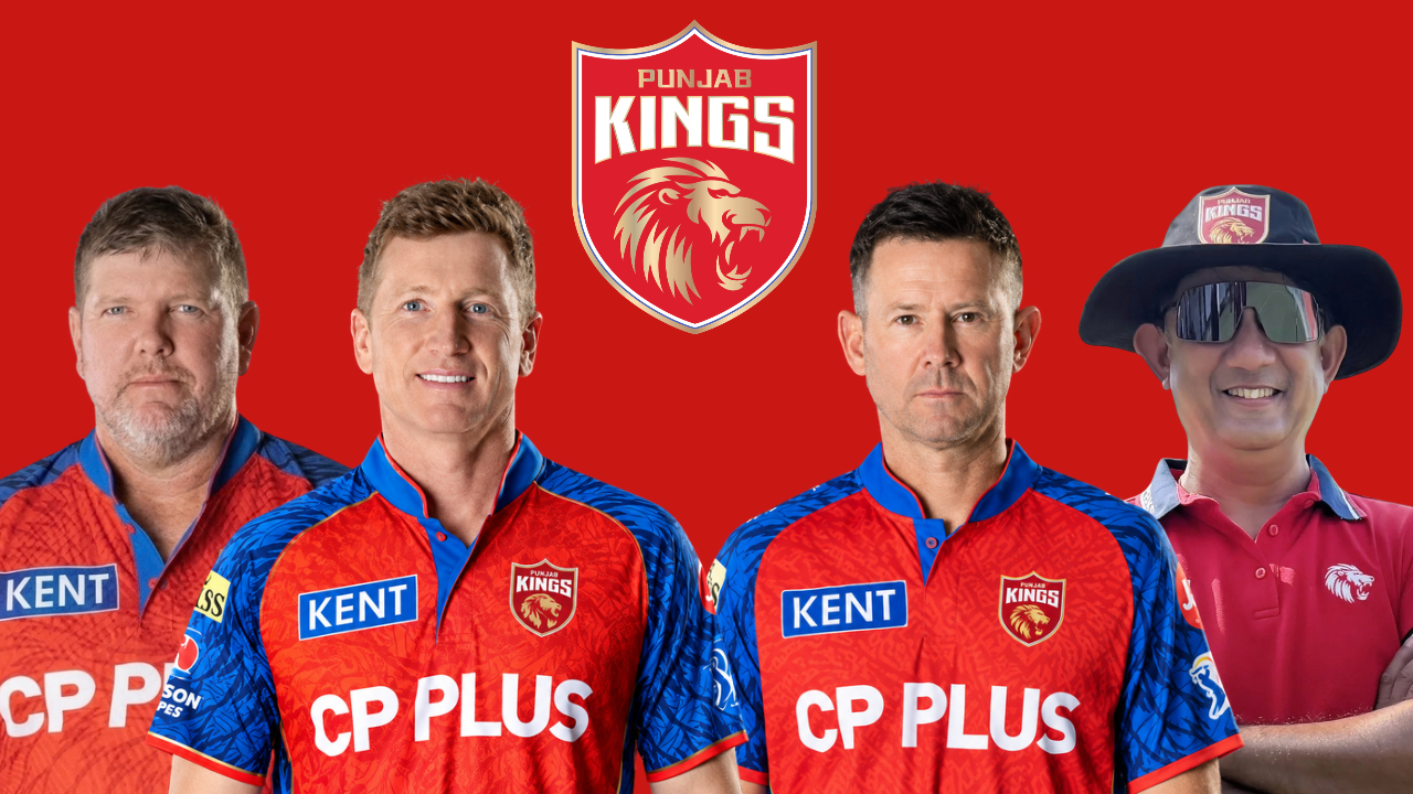 Punjab Kings coaching staff James Hopes, Brad Haddin, Ricky Ponting and Sairaj Bahutule pictured alongside the Punjab Kings logo in an IPL team graphic.