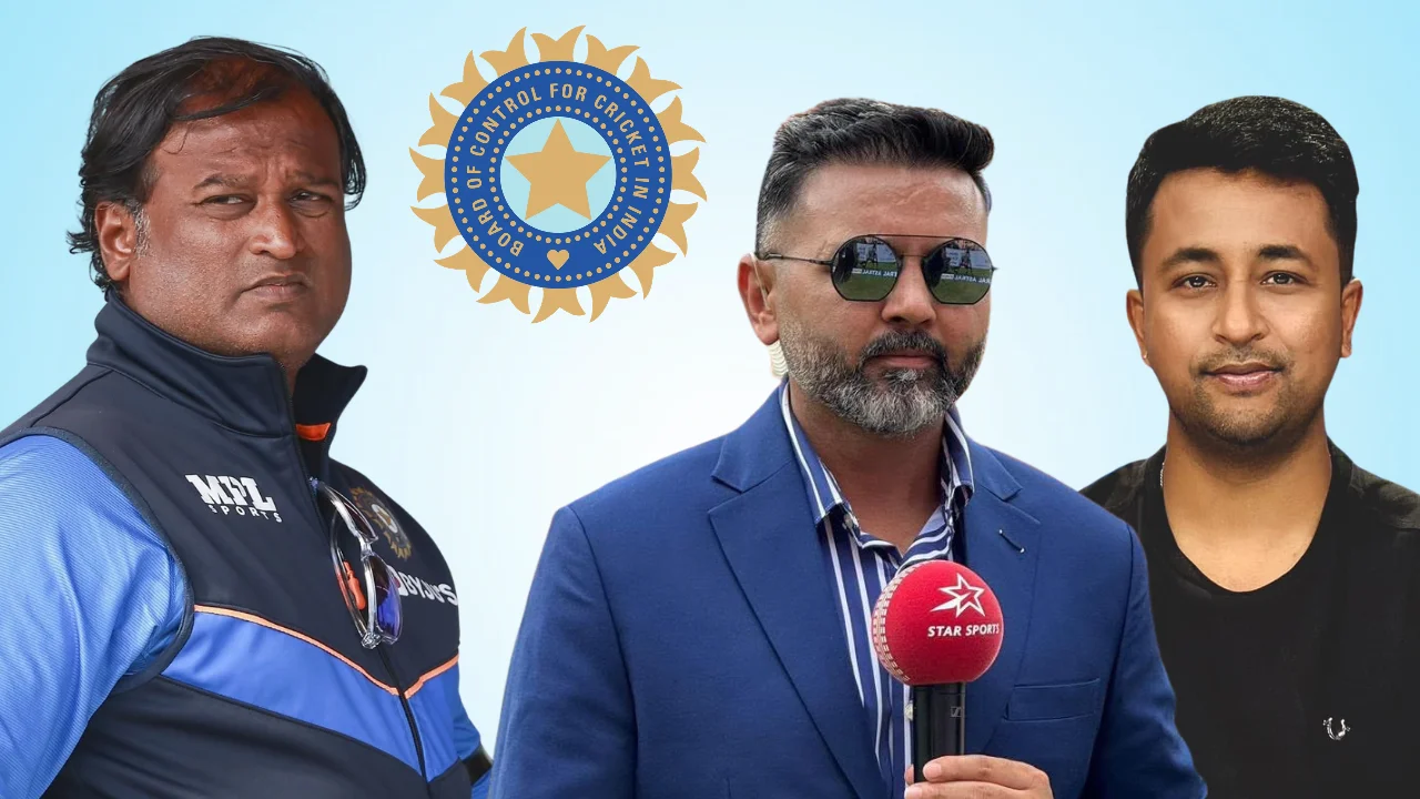 Ramesh Powar, Parthiv Patel and Pragyan Ojha pictured alongside the BCCI logo in an Indian cricket graphic.