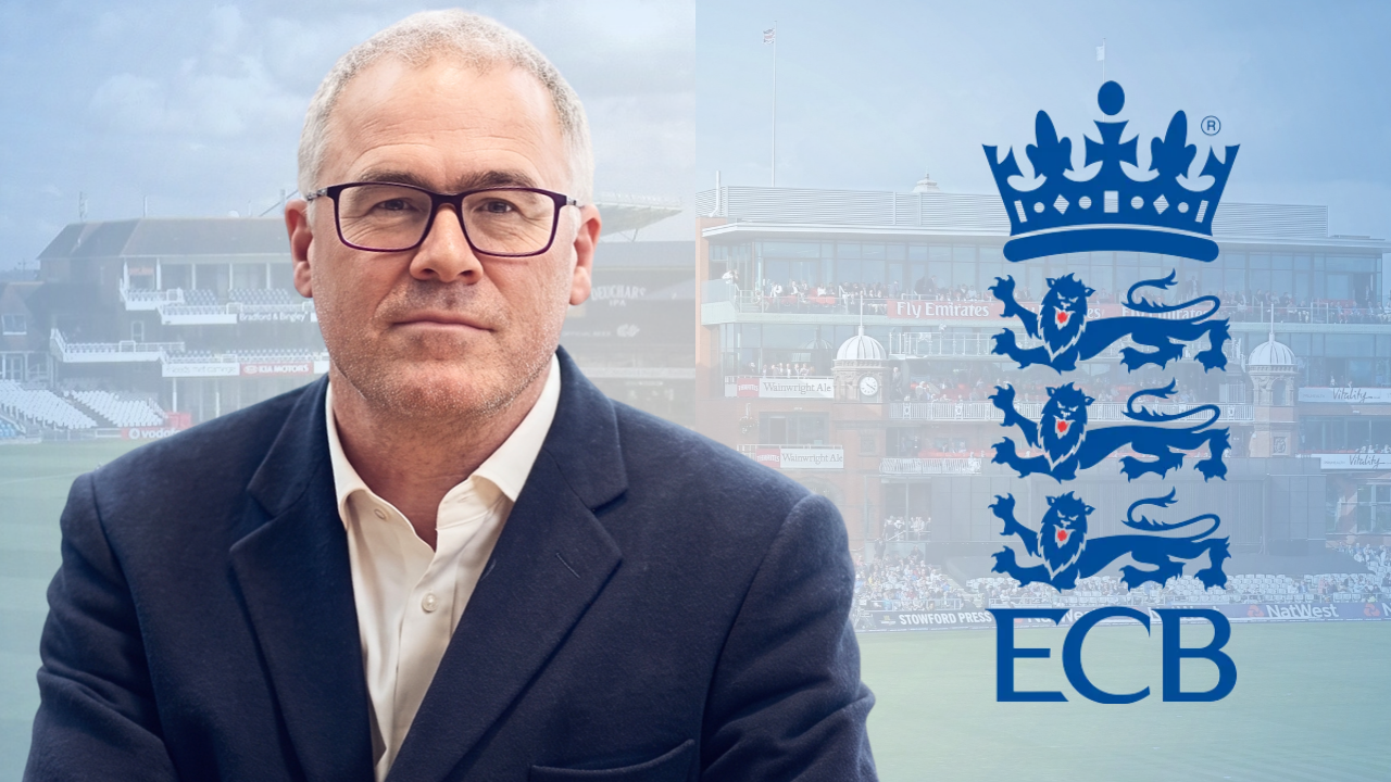 Richard Gould with the ECB logo and Headingley and Old Trafford cricket grounds