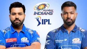Rohit Sharma and Hardik Pandya wearing Mumbai Indians jerseys, pictured alongside the Mumbai Indians and Indian Premier League (IPL) logos.
