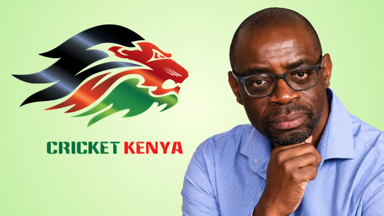 Ronald Bukusi wearing glasses and a light blue shirt, pictured alongside the Cricket Kenya lion logo on a light green background.
