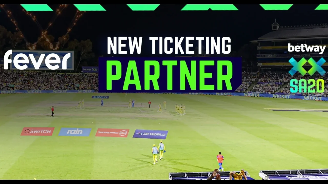 SA20 announces Fever as its new ticketing partner, with the Fever and Betway SA20 logos displayed over a cricket stadium during a match.