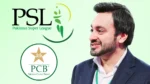 Salman Naseer pictured alongside the Pakistan Super League (PSL) and Pakistan Cricket Board (PCB) logos.