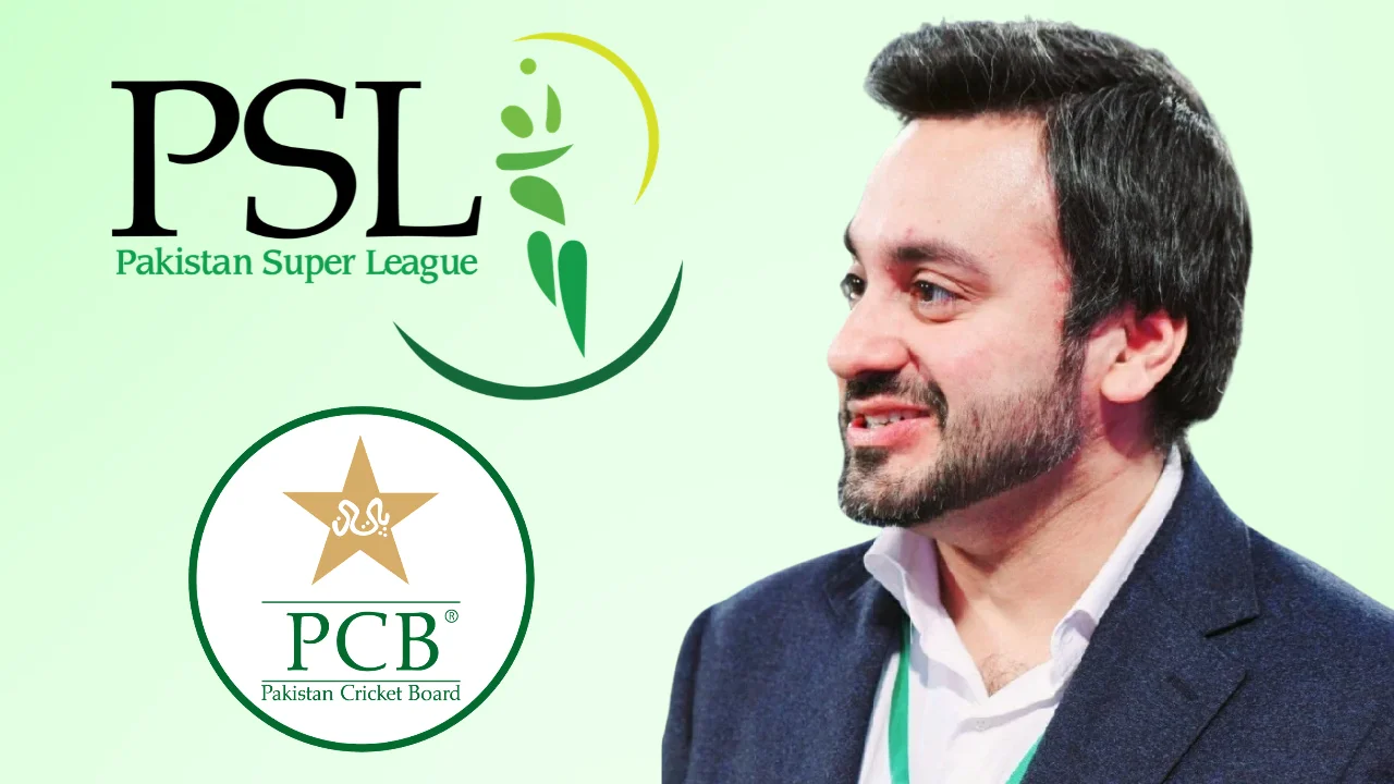 Salman Naseer pictured alongside the Pakistan Super League (PSL) and Pakistan Cricket Board (PCB) logos.