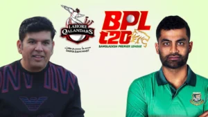 Sameen Rana and Bangladesh cricketer Tamim Iqbal pictured alongside Lahore Qalandars and Bangladesh Premier League (BPL) T20 logos.