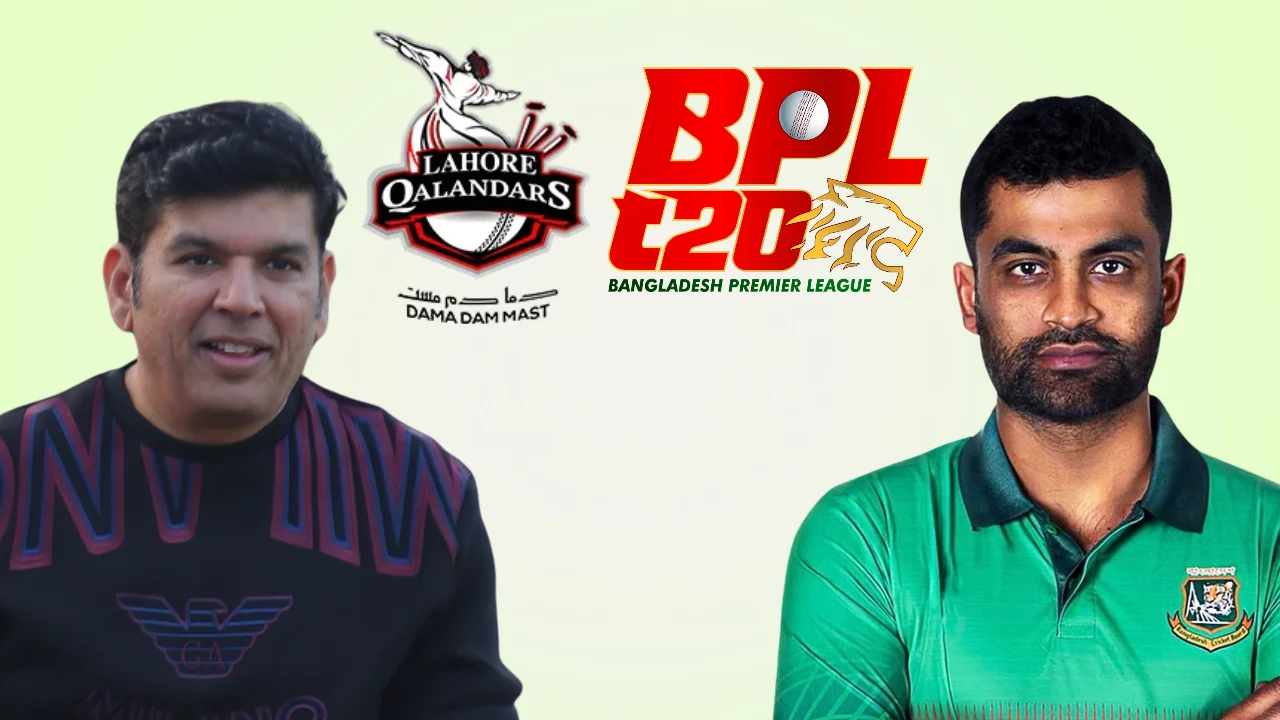 Sameen Rana and Bangladesh cricketer Tamim Iqbal pictured alongside Lahore Qalandars and Bangladesh Premier League (BPL) T20 logos.
