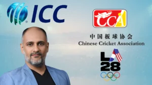 Sanjog Gupta pictured alongside the International Cricket Council (ICC), Chinese Cricket Association and LA28 Los Angeles Olympics logos in a cricket news graphic.