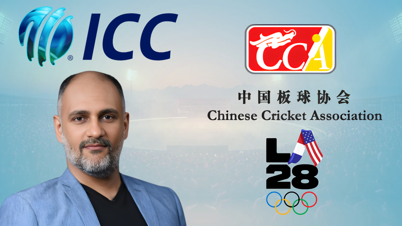 Sanjog Gupta pictured alongside the International Cricket Council (ICC), Chinese Cricket Association and LA28 Los Angeles Olympics logos in a cricket news graphic.