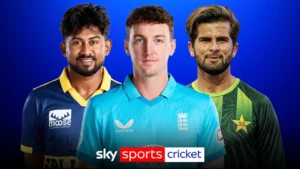 Shaheen Shah Afridi of Pakistan, Harry Brook of England and Kamindu Mendis of Sri Lanka featured in a Sky Sports Cricket graphic wearing their national team jerseys.