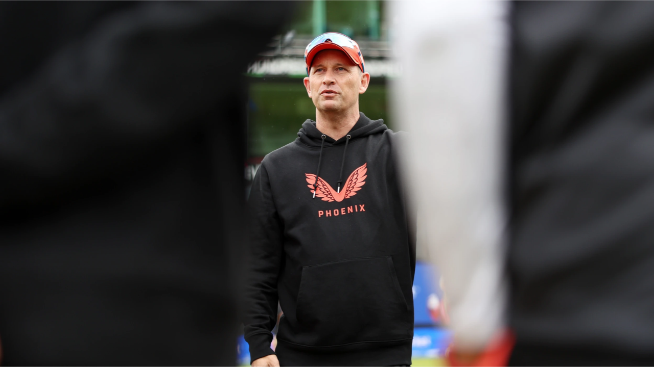 Former New Zealand fast bowler Shane Bond wearing a Birmingham Phoenix hoodie and cap during a cricket training session.