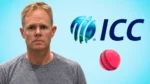 Former South African cricketer Shaun Pollock pictured alongside the International Cricket Council (ICC) logo and a pink cricket ball representing day-night Test cricket.
