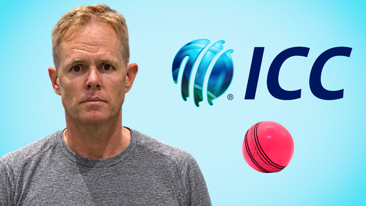 Former South African cricketer Shaun Pollock pictured alongside the International Cricket Council (ICC) logo and a pink cricket ball representing day-night Test cricket.