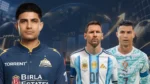Indian cricketer Shubman Gill in a Gujarat Titans jersey alongside football legends Lionel Messi in Argentina's jersey and Cristiano Ronaldo in Portugal's jersey, with a global sports rankings graphic in the background.