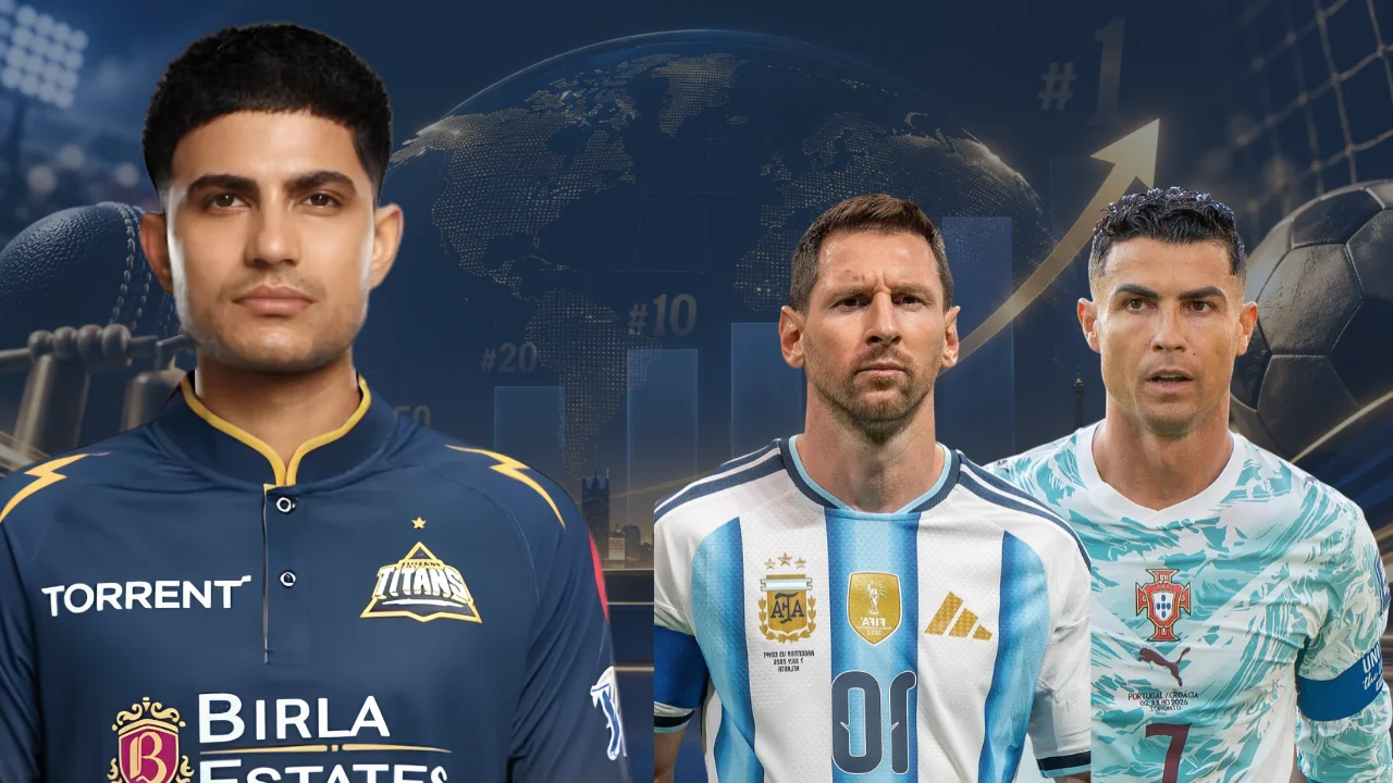 Indian cricketer Shubman Gill in a Gujarat Titans jersey alongside football legends Lionel Messi in Argentina's jersey and Cristiano Ronaldo in Portugal's jersey, with a global sports rankings graphic in the background.
