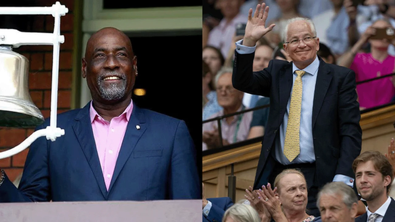 Cricket legends Sir Vivian Richards and David Gower in a side-by-side image, with Richards smiling beside a bell and Gower waving to spectators.