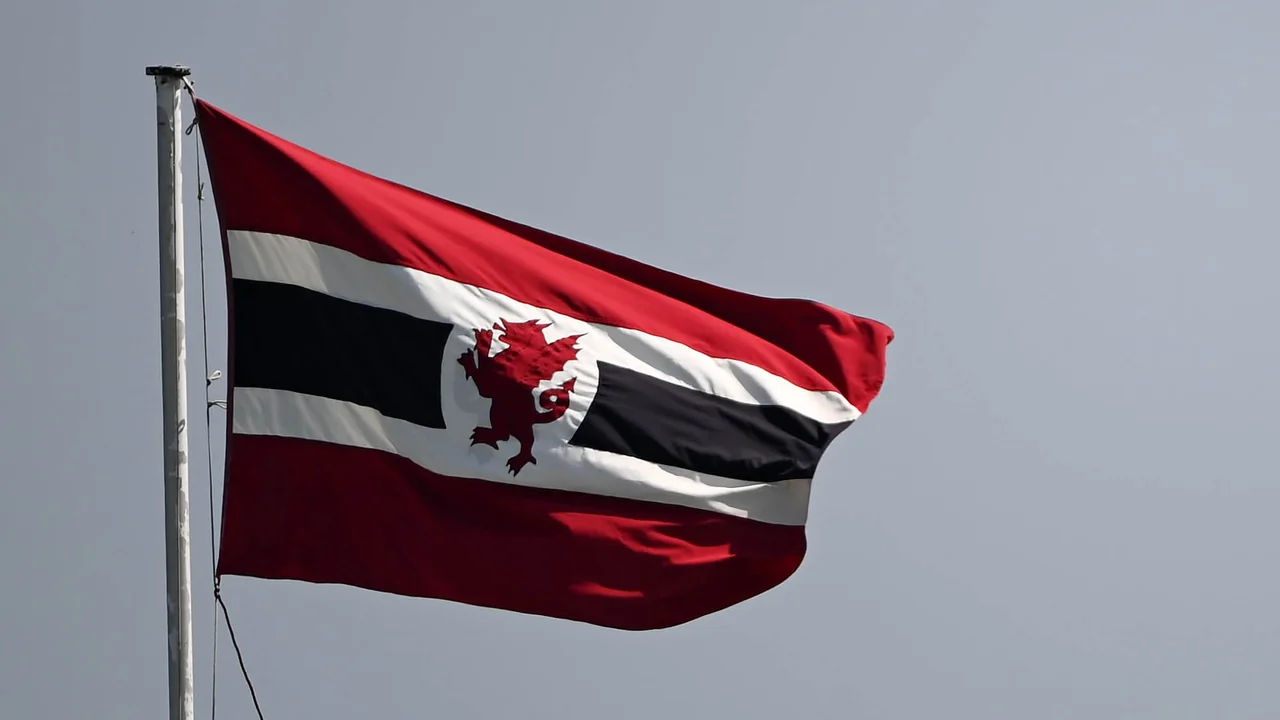 Somerset County Cricket Club flag featuring red, white and black stripes with a red dragon emblem, flying against a clear sky.