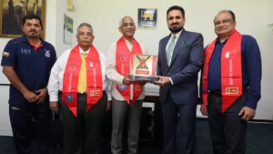 Sri Lanka Cricket officials meet Bahrain Cricket representatives and exchange a commemorative plaque as part of an initiative to provide practice facilities in Sri Lanka.