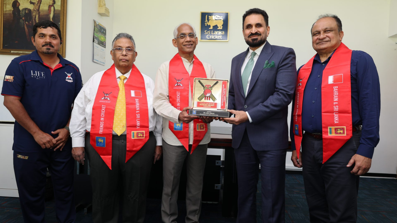 Sri Lanka Cricket officials meet Bahrain Cricket representatives and exchange a commemorative plaque as part of an initiative to provide practice facilities in Sri Lanka.