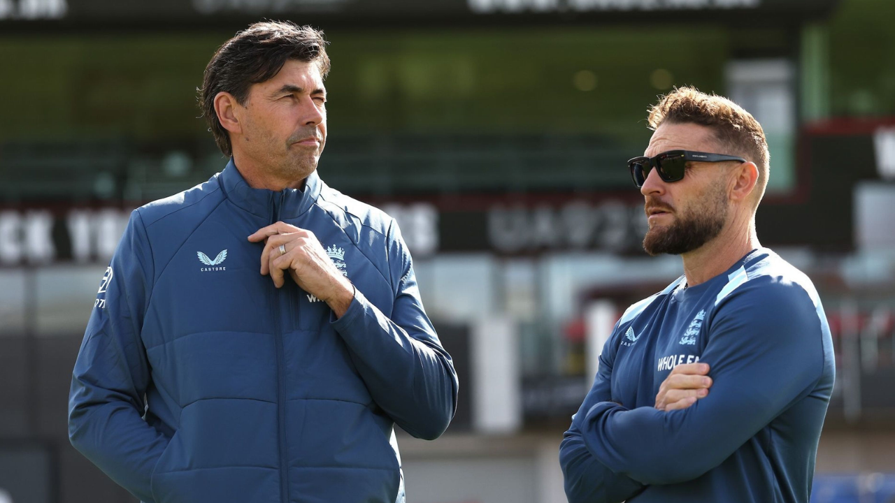 Stephen Fleming and Brendon McCullum together at a cricket ground, with Fleming serving as England's Test head coach and McCullum leading the white-ball team.