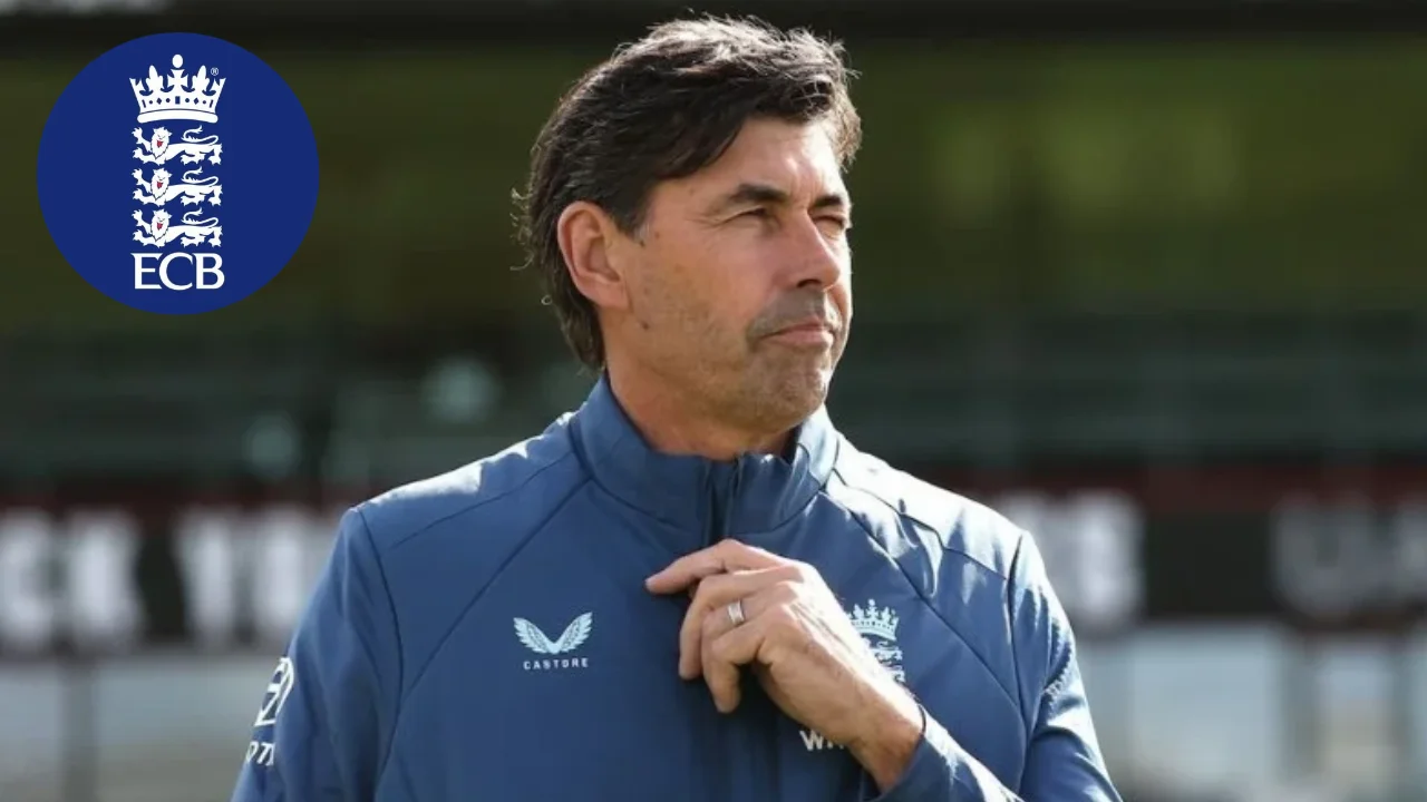 Former New Zealand cricketer and coach Stephen Fleming wearing an England cricket training jacket, pictured alongside the England and Wales Cricket Board (ECB) logo.