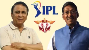 Sunil Gavaskar and Laxman Sivaramakrishnan pictured alongside the Indian Premier League (IPL) and Lucknow Super Giants (LSG) logos.