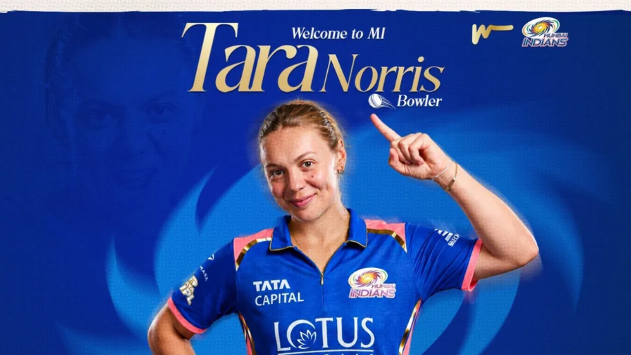 England-born cricketer Tara Norris wearing a Mumbai Indians jersey in an official announcement graphic welcoming the left-arm fast bowler to the team.