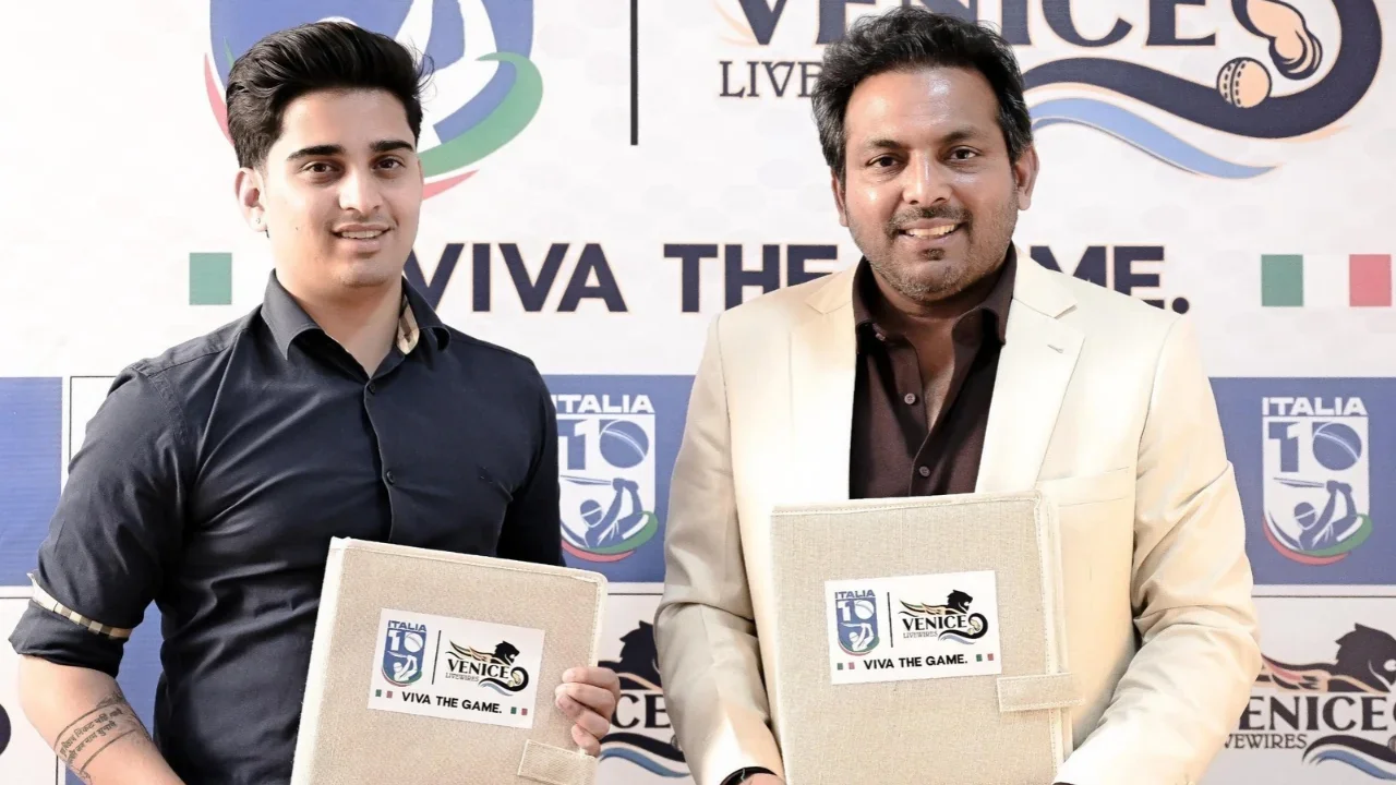 TNR Mohit, professional cricketer, with Aamir Akhtar, Chairman and Co-Founder of Italia T10 Cricket, at an Italia T10 cricket event.