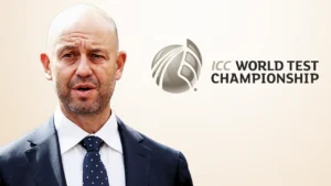 Cricket Australia CEO Todd Greenberg pictured alongside the ICC World Test Championship (WTC) logo in a cricket news graphic.