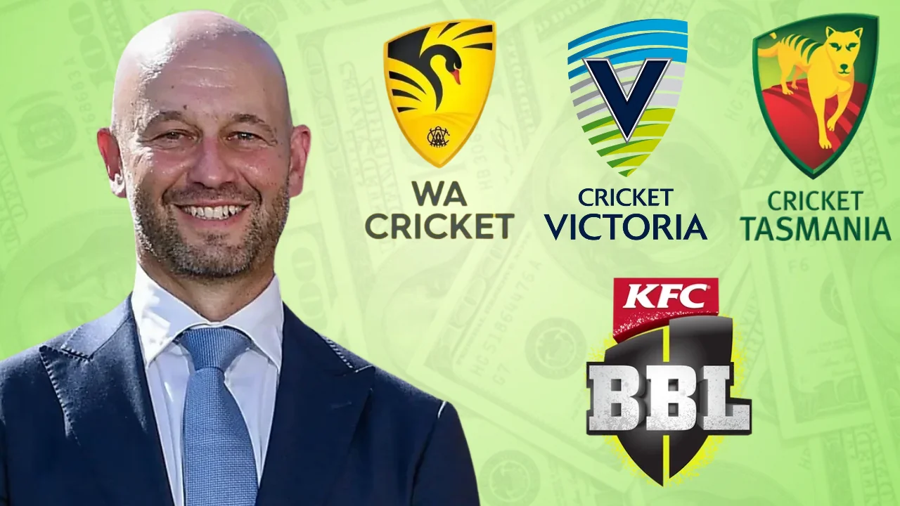Cricket Australia CEO Todd Greenberg pictured alongside WA Cricket, Cricket Victoria, Cricket Tasmania and KFC Big Bash League logos against a money-themed background.