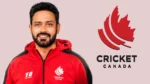 T.P. Singh wearing a red Cricket Canada jacket, pictured alongside the official Cricket Canada logo featuring a red maple leaf.