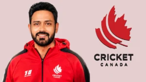 T.P. Singh wearing a red Cricket Canada jacket, pictured alongside the official Cricket Canada logo featuring a red maple leaf.