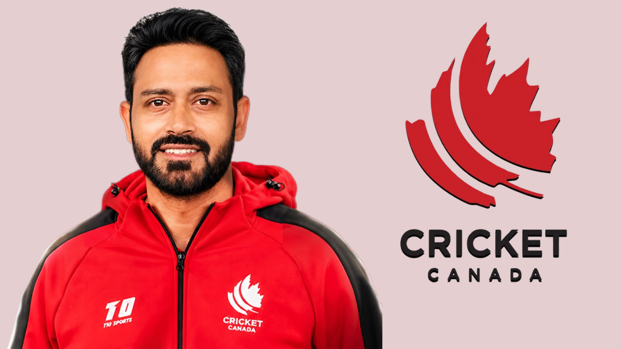 T.P. Singh wearing a red Cricket Canada jacket, pictured alongside the official Cricket Canada logo featuring a red maple leaf.