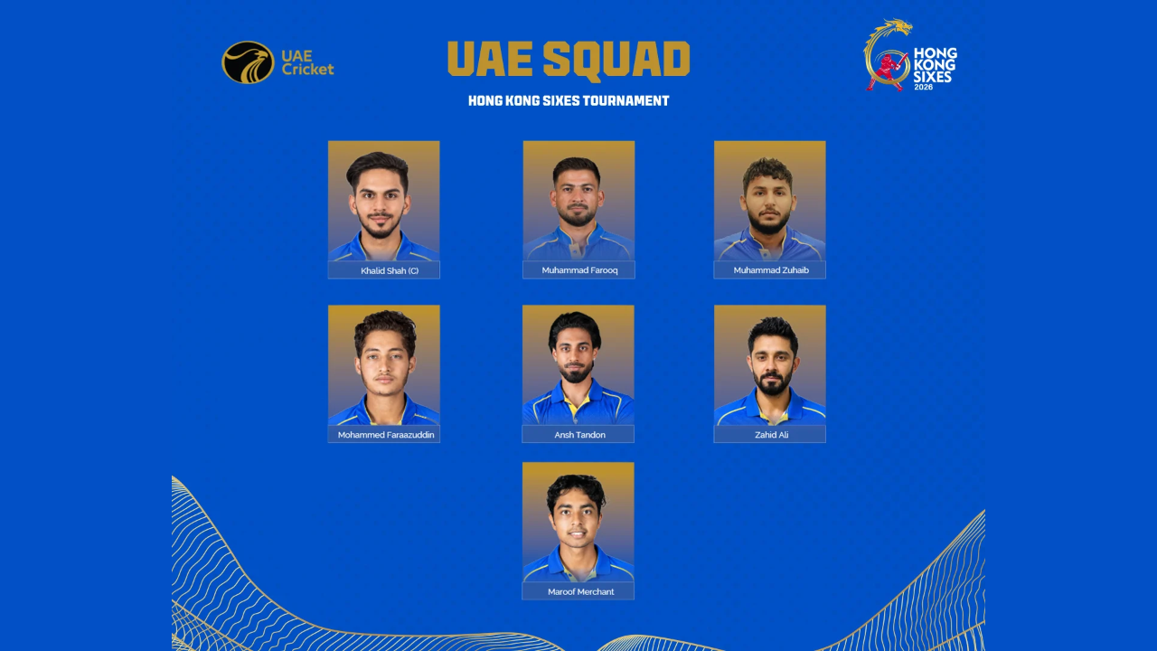 UAE cricket squad for the Hong Kong Sixes 2026 tournament, featuring captain Khalid Shah, Muhammad Farooq, Muhammad Zuhaib, Mohammed Faraazuddin, Ansh Tandon, Zahid Ali and Maroof Merchant.