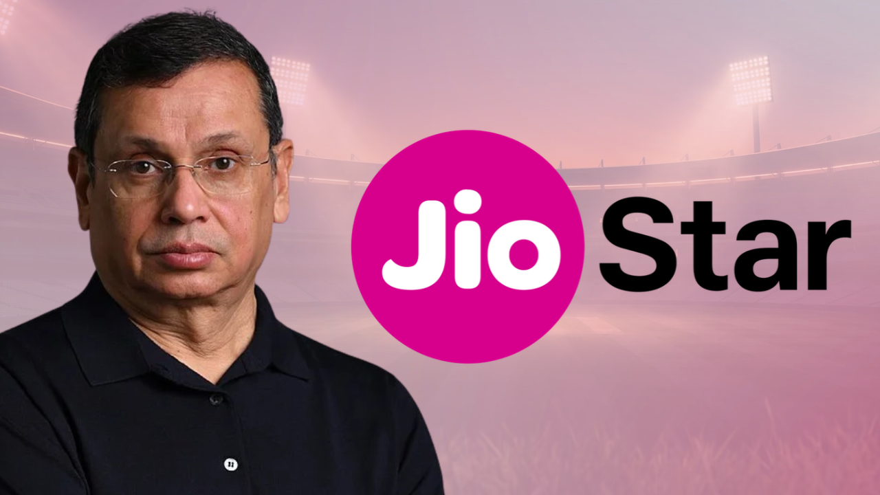 Uday Shankar pictured alongside the JioStar logo with a cricket stadium in the background, highlighting JioStar's involvement in IPL broadcasting and media rights.