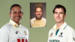 Australian cricketers Usman Khawaja and Pat Cummins pictured alongside the cover of Khawaja's autobiography, Sabr, wearing Australia Test cricket jerseys.