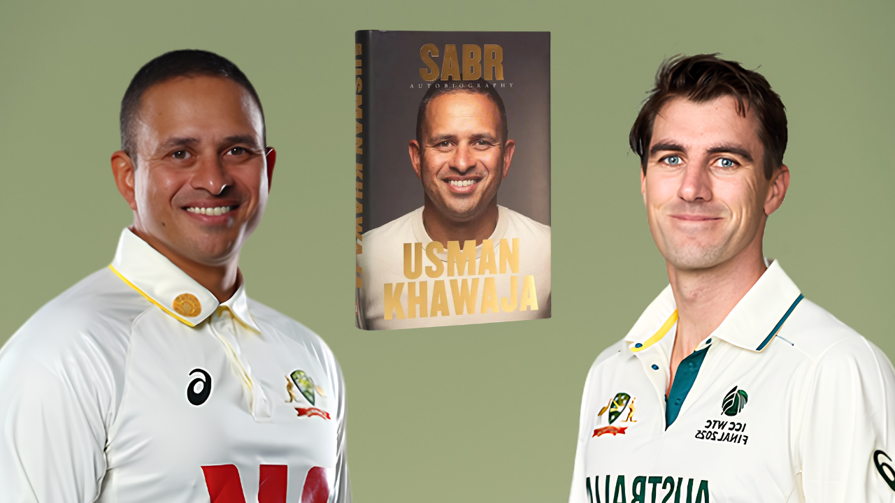 Australian cricketers Usman Khawaja and Pat Cummins pictured alongside the cover of Khawaja's autobiography, Sabr, wearing Australia Test cricket jerseys.
