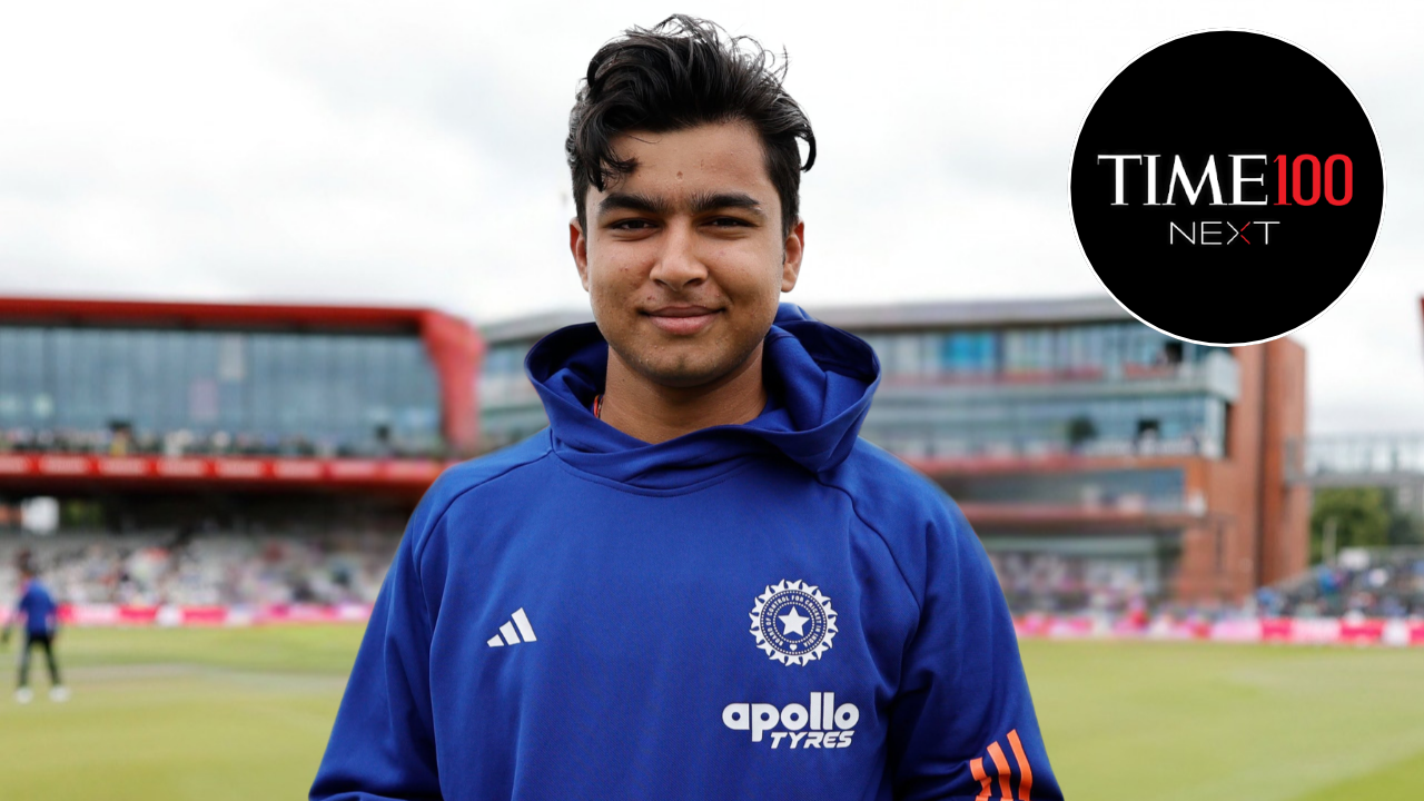 Indian cricketer Vaibhav Sooryavanshi pictured with the TIME100 Next logo