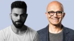 Side-by-side portraits of Indian cricket star Virat Kohli and Microsoft CEO Satya Nadella against a light blue background.