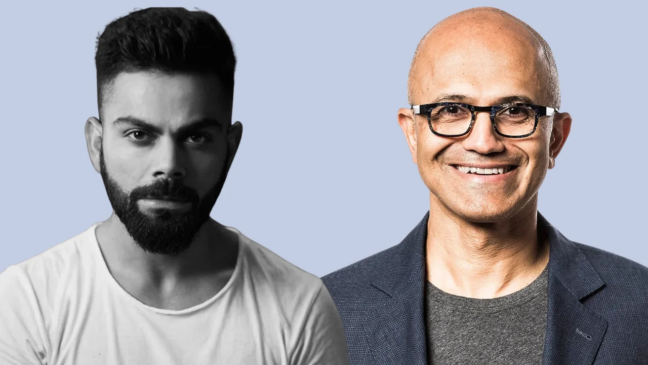 Side-by-side portraits of Indian cricket star Virat Kohli and Microsoft CEO Satya Nadella against a light blue background.