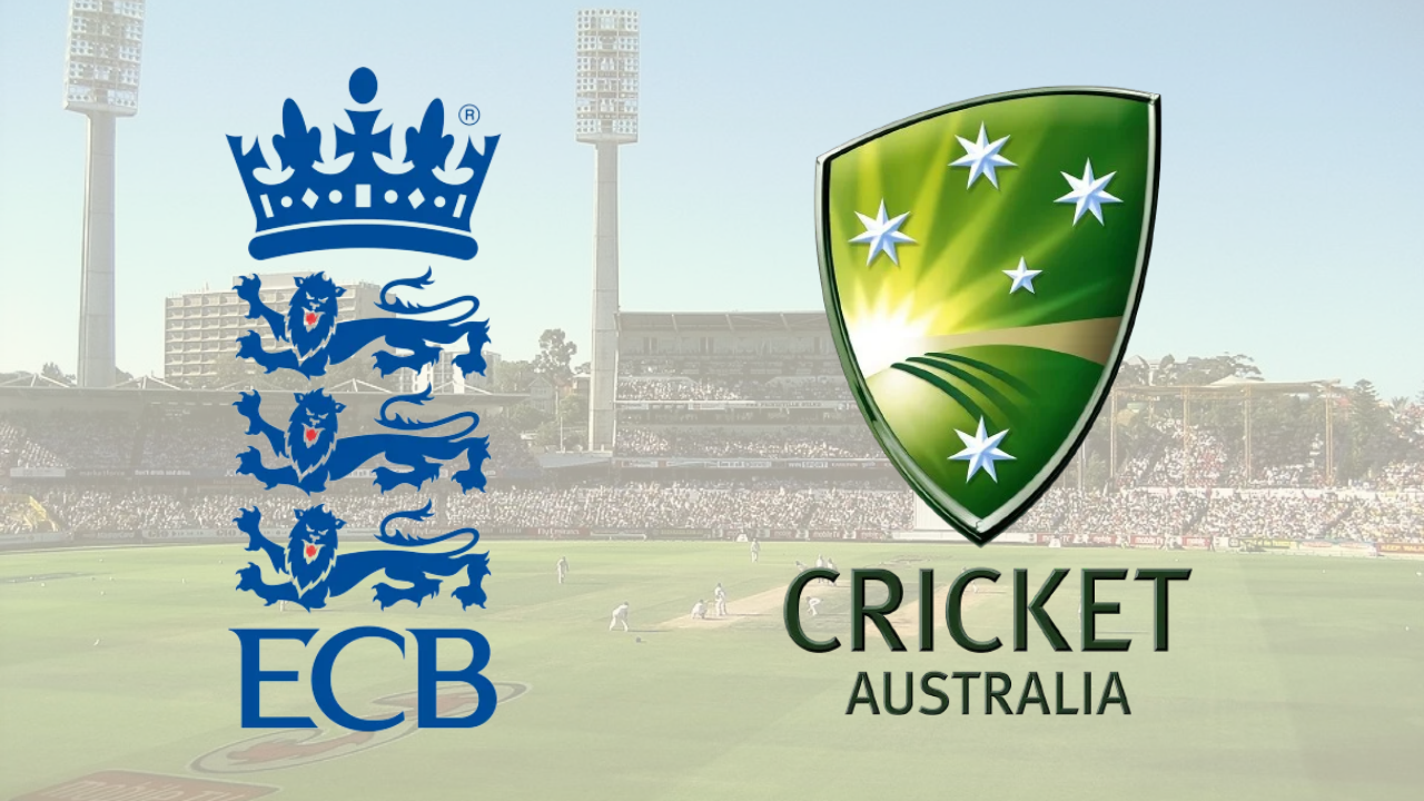 ECB and Cricket Australia logos over WACA Ground cricket stadium
