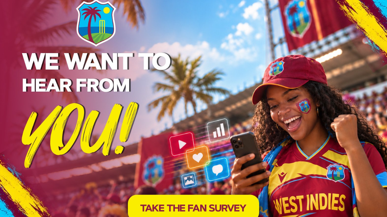 West Indies Cricket launches fan survey inviting supporters to share feedback, featuring a female fan in a West Indies jersey using her smartphone.