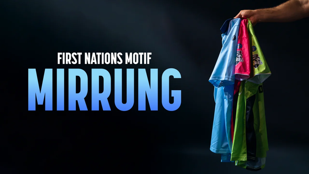Women's Big Bash League First Nations motif Mirrung promotional graphic featuring blue, pink and green cricket jerseys.