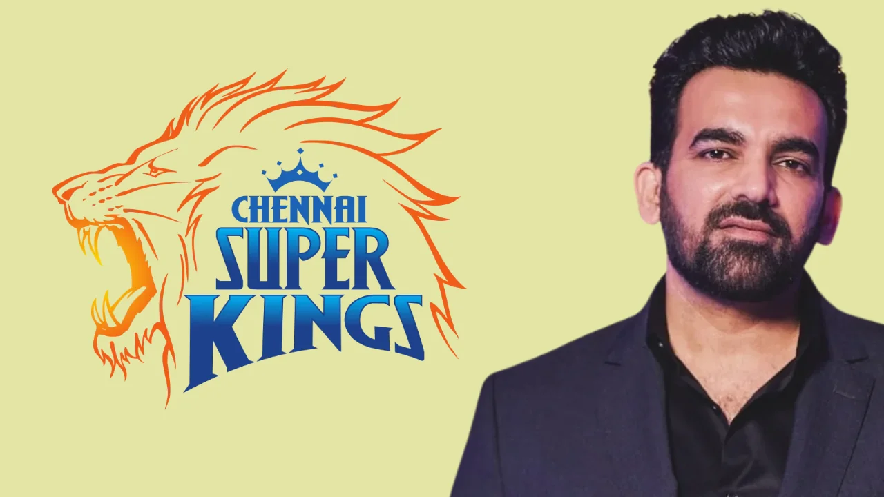 Former Indian cricketer Zaheer Khan pictured alongside the Chennai Super Kings (CSK) logo featuring a roaring lion on a yellow background.